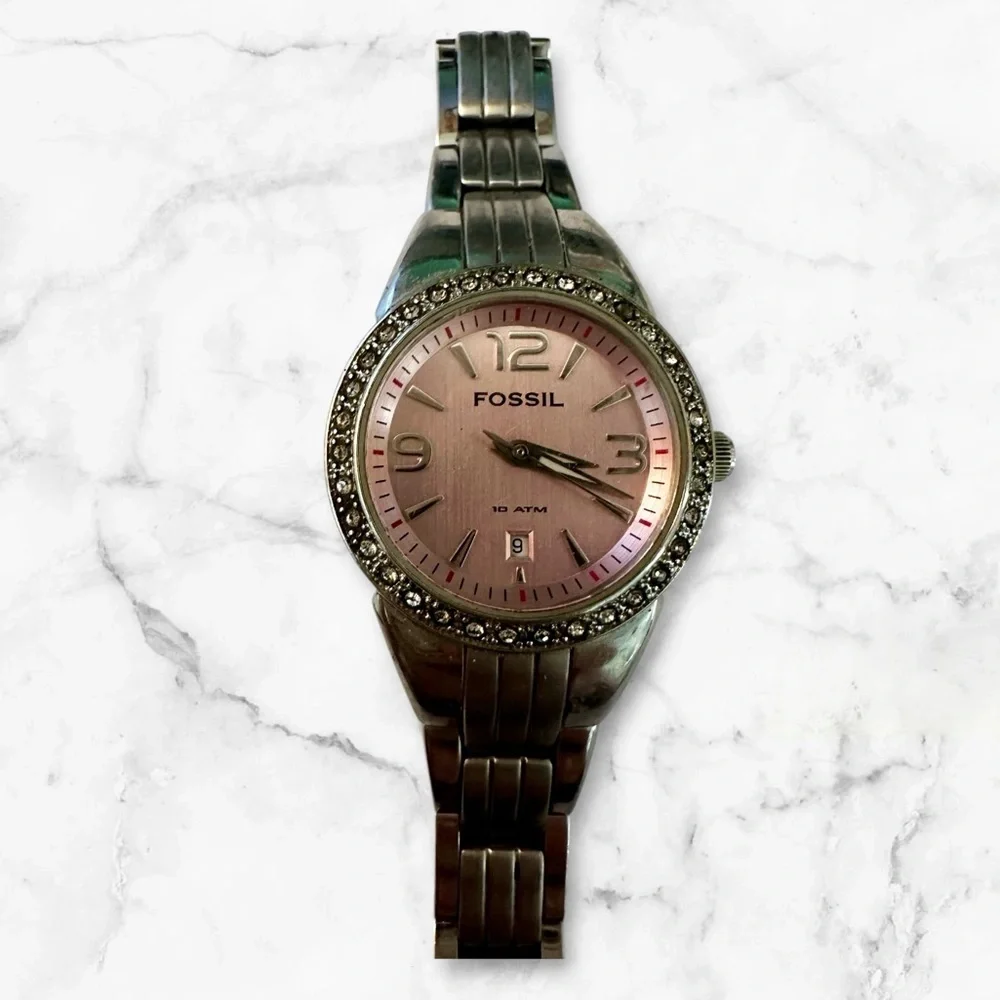 Fossil Pink Dial Crystal Bezel Stainless Steel Quartz Women’s Watch